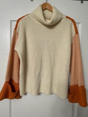 Chunky Colorblock Turtleneck Sweater L Cozy Fall Cottagecore Oversized Knit